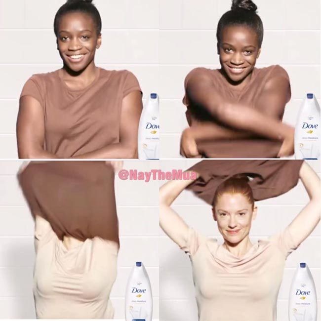 Controversial advertisment by DOVE shows Black woman in brown tee shirt turning into White women in tan tee shirt.
